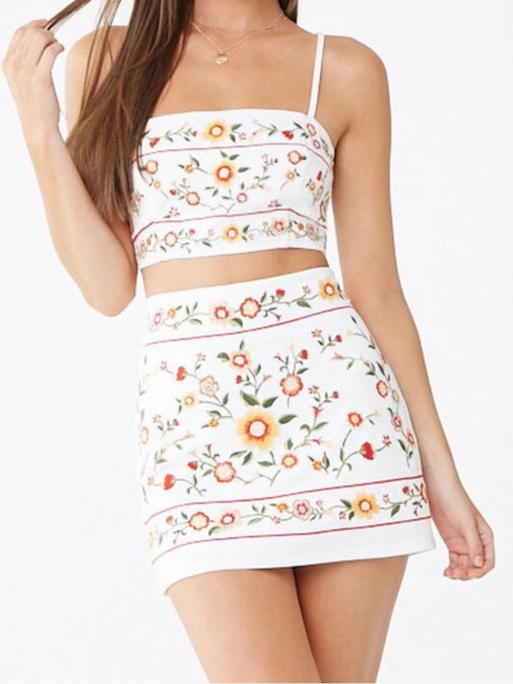 Forever 21 White Mini Skirt Set with Multicolor Floral Embroidery